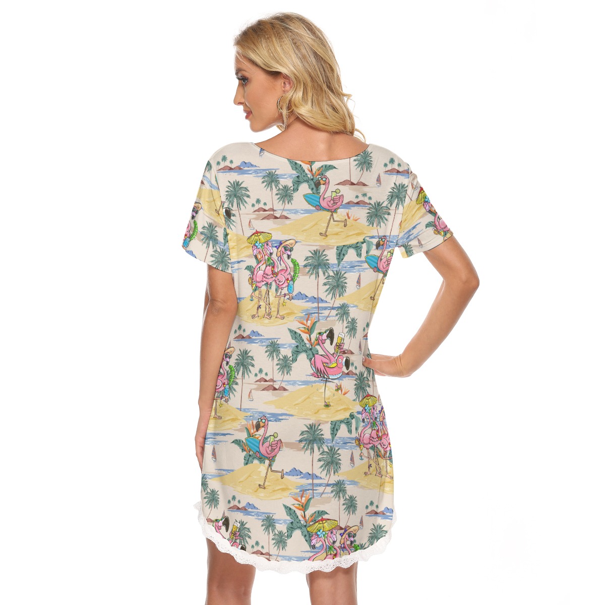 Tropical Flamingo Hawaiian Dress With Lace For Summer Vacation