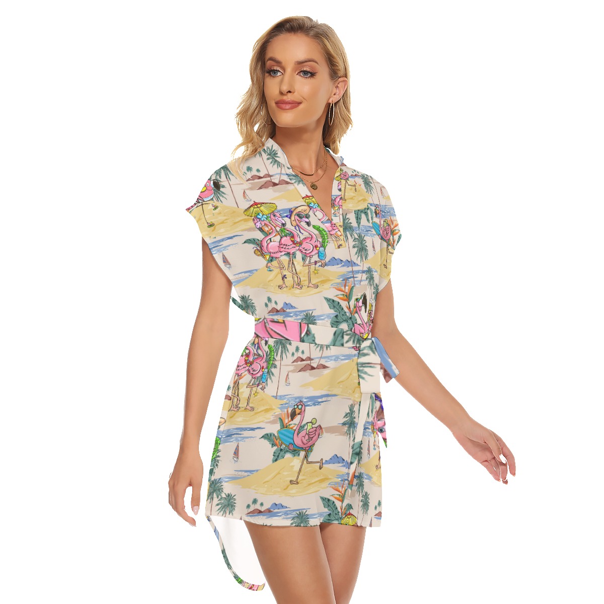Funny Flamingo On Beach Hawaiian Dress With Belt For Women