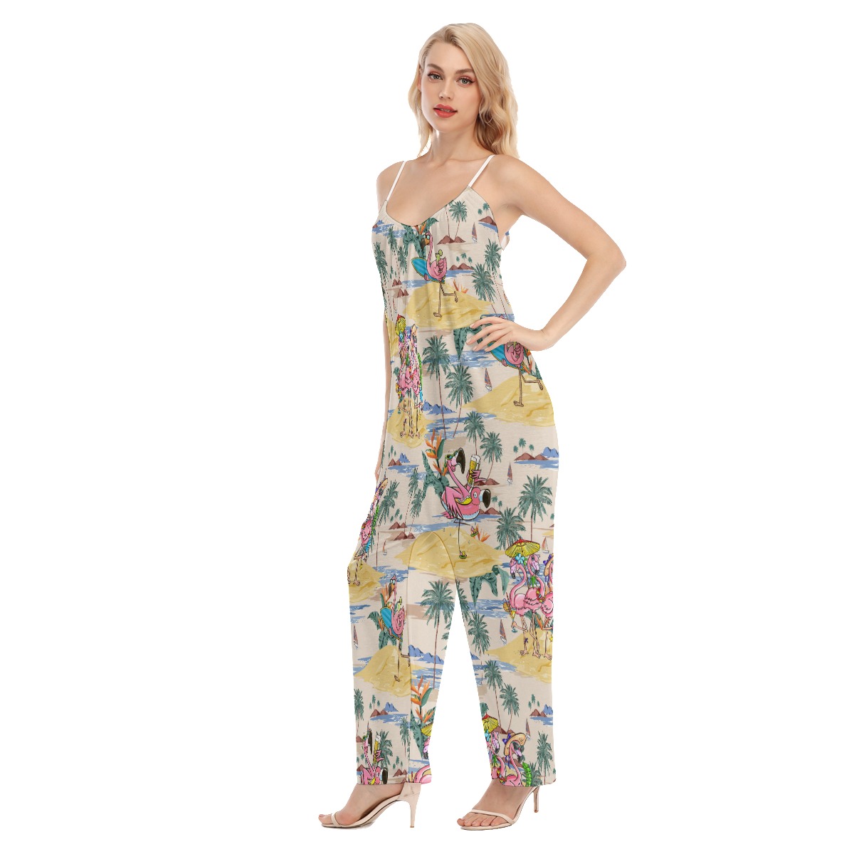 Funny Flamingo Tropical Hawaiian Loose Cami Jumpsuit For Women