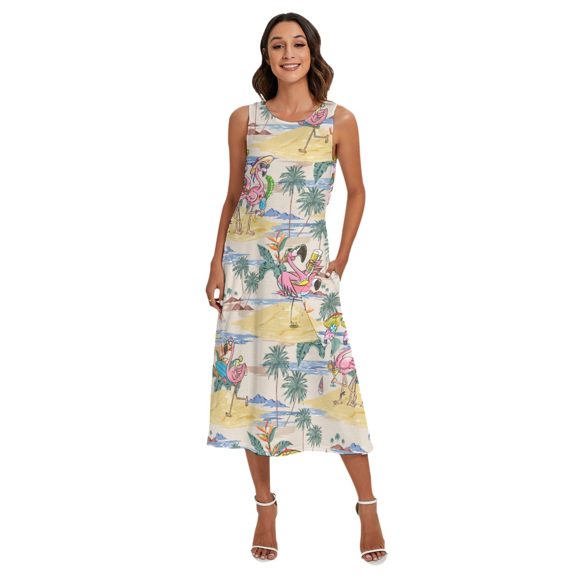 Tropical Flamingo Hawaiian Summer Dress With Pocket