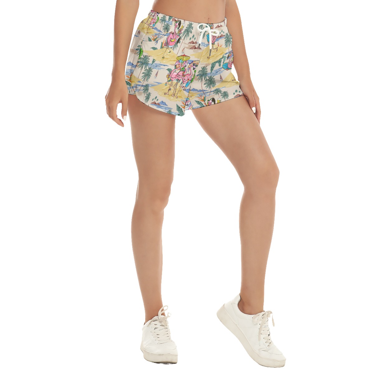 Tropical Flamingo On Beach Summer Hawaiian Shorts For Women