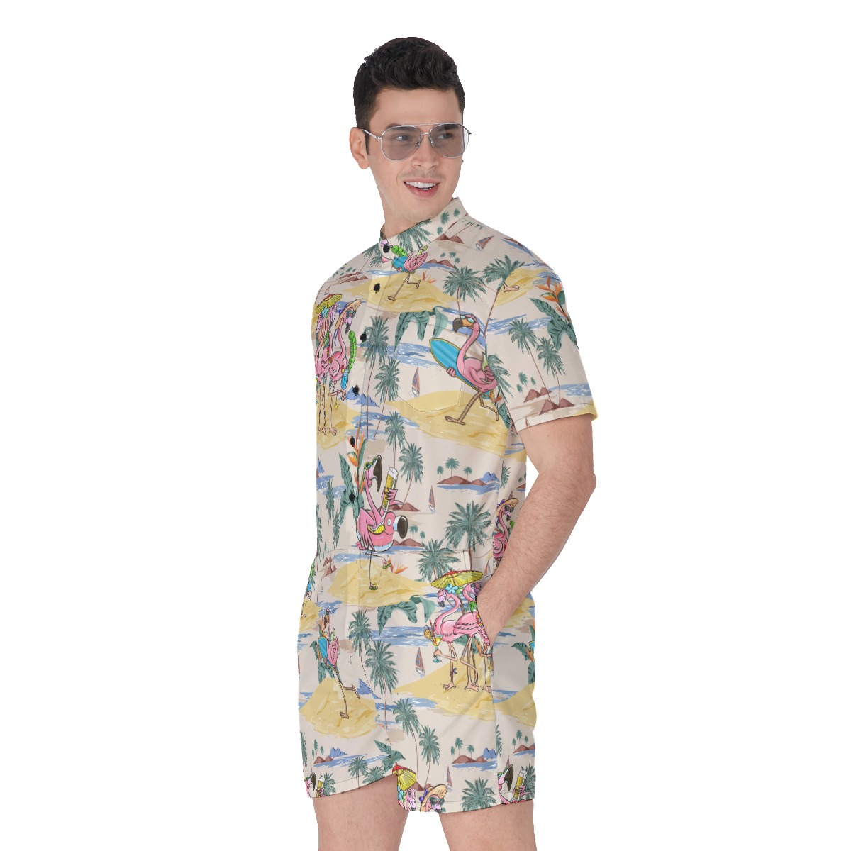 Cute Flamingo On Beach Tropical Hawaiian Romper For Men