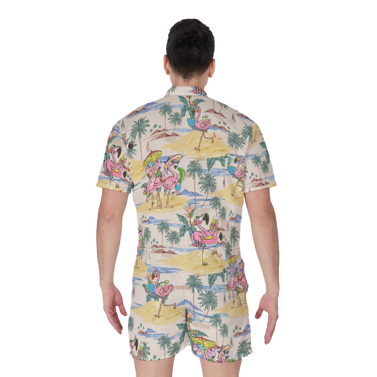 Cute Flamingo On Beach Tropical Hawaiian Romper For Men