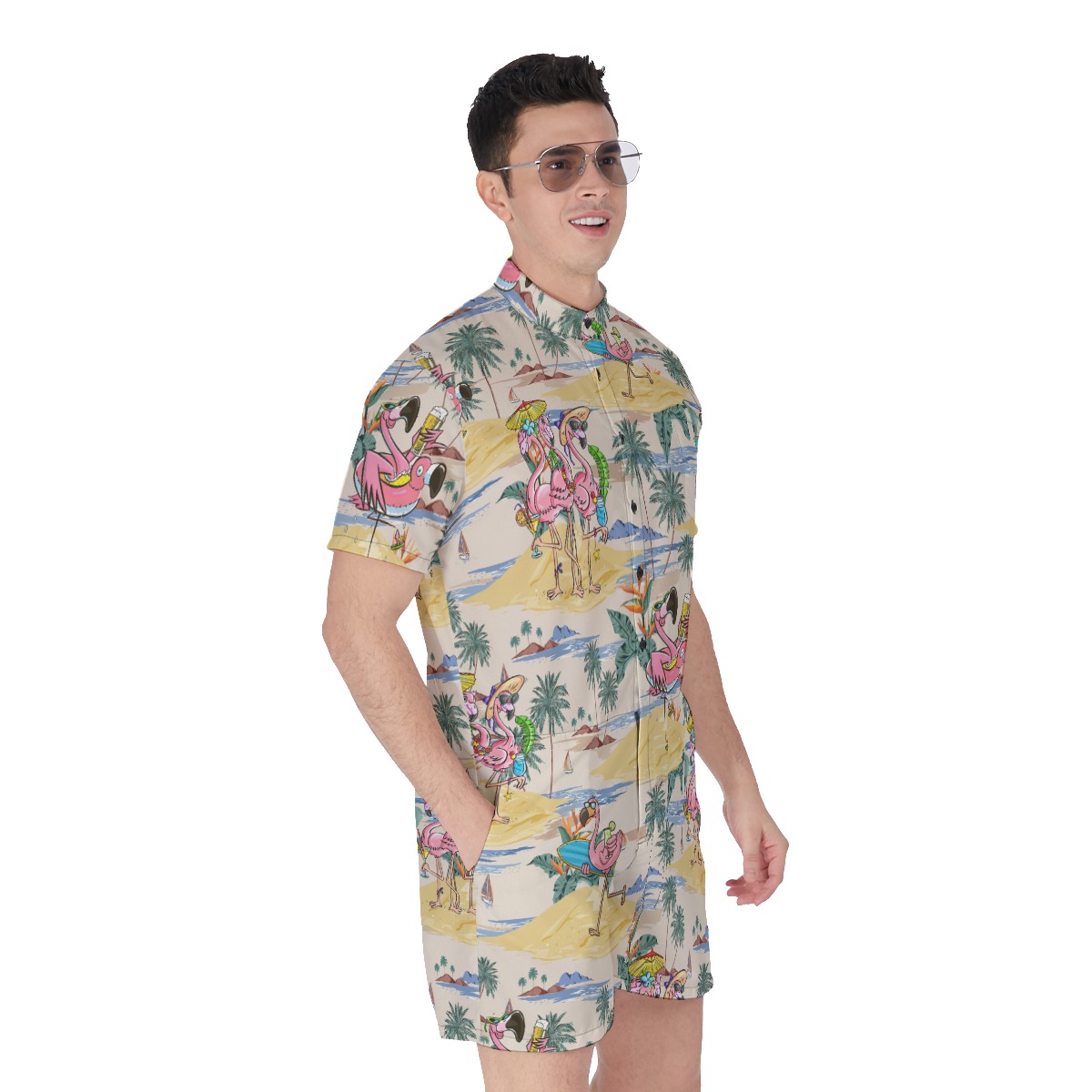 Cute Flamingo On Beach Tropical Hawaiian Romper For Men