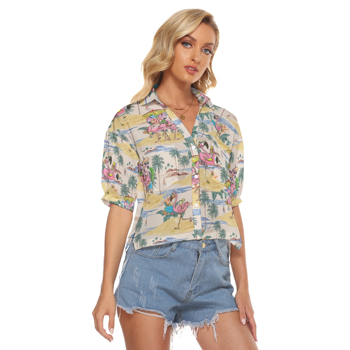 Funny Tropical Flamingo Hawaiian Cropped Shirt For Women