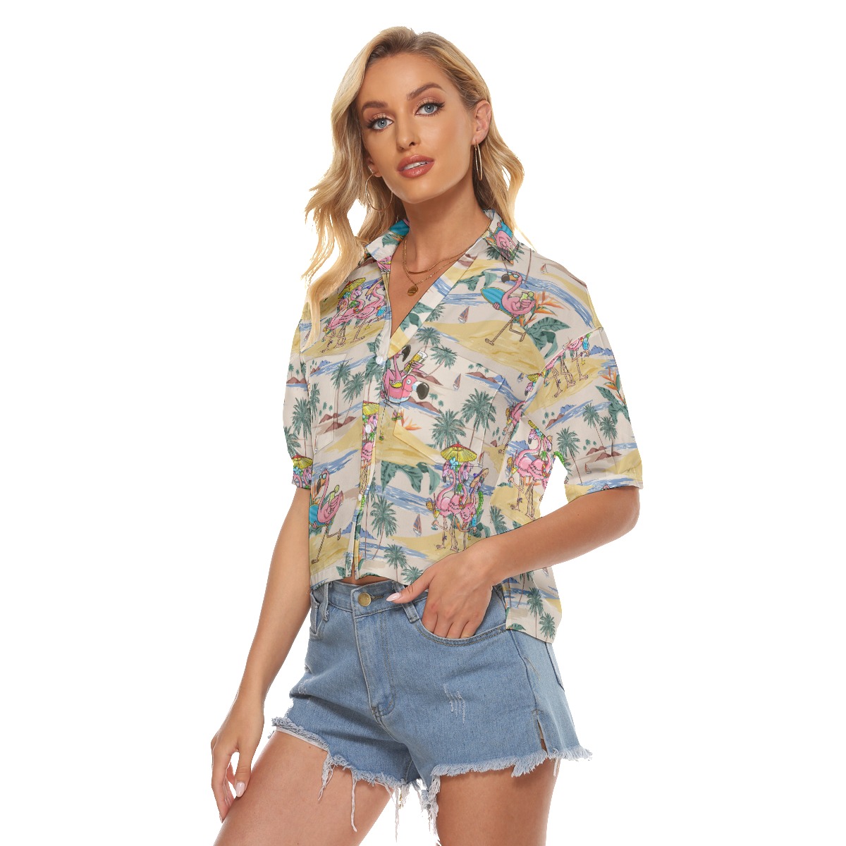 Funny Tropical Flamingo Hawaiian Cropped Shirt For Women