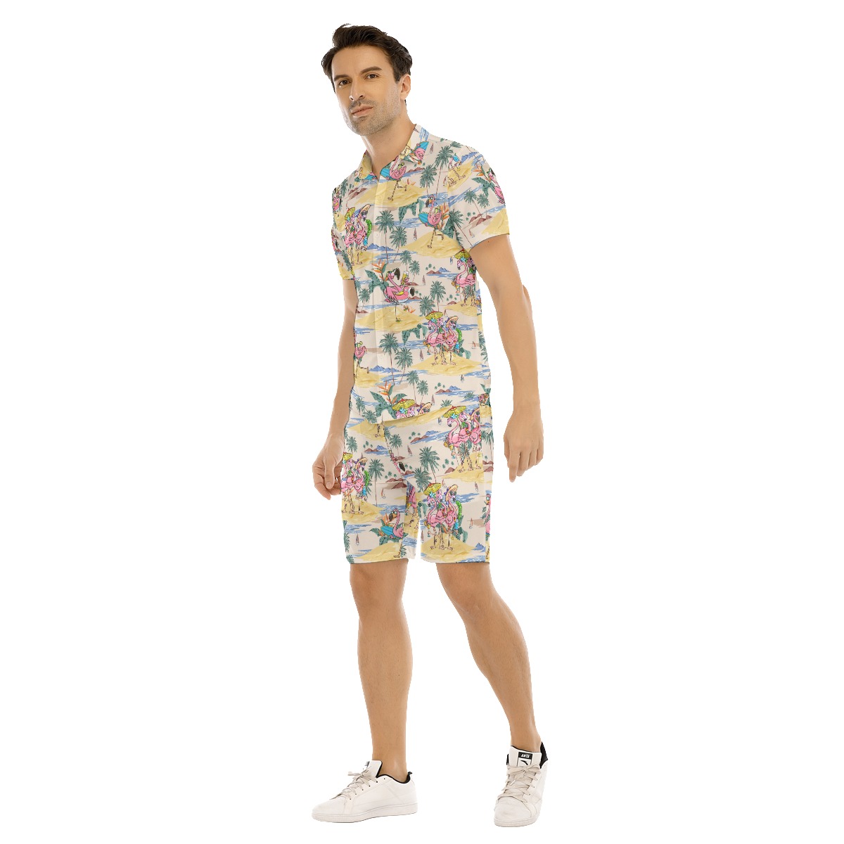 Set Tropical Flamingo Hawaiian Shirt And Shorts For Summer Vacation