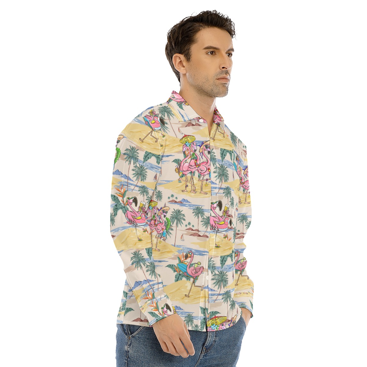 Funny Flamingo Tropical Hawaiian Long Sleeve Shirt For Men