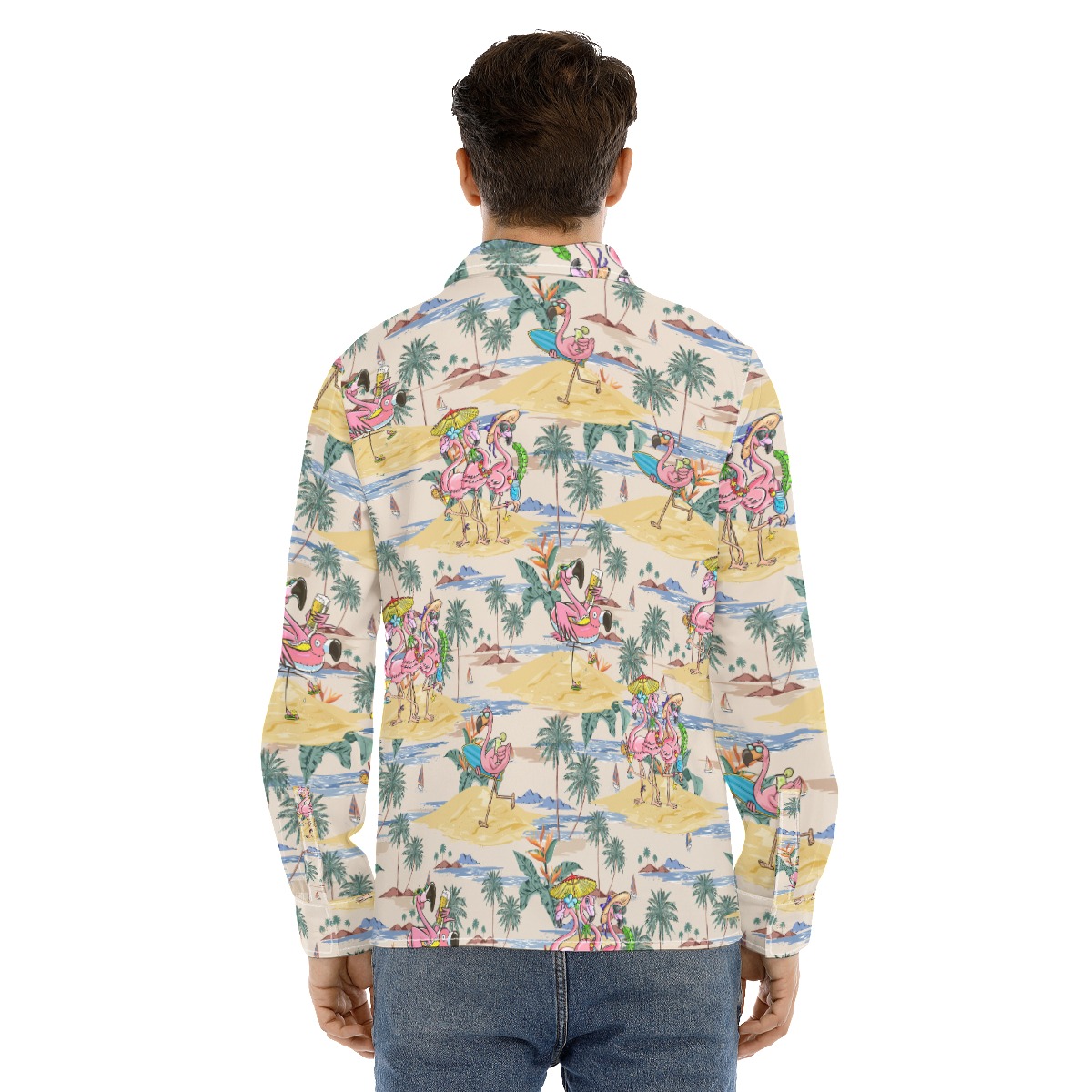Funny Flamingo Tropical Hawaiian Long Sleeve Shirt For Men