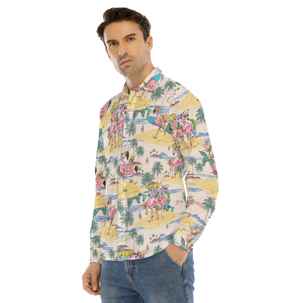 Funny Flamingo Tropical Hawaiian Long Sleeve Shirt For Men