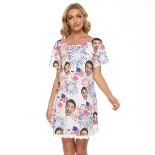 Custom Face Patriotic Flamingo Hawaiian Lace Dress For Women