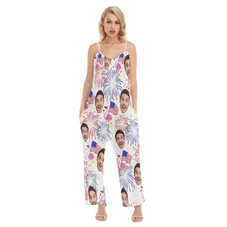 Custom Face Patriotic Flamingo Hawaiian Cami Jumpsuit For Women