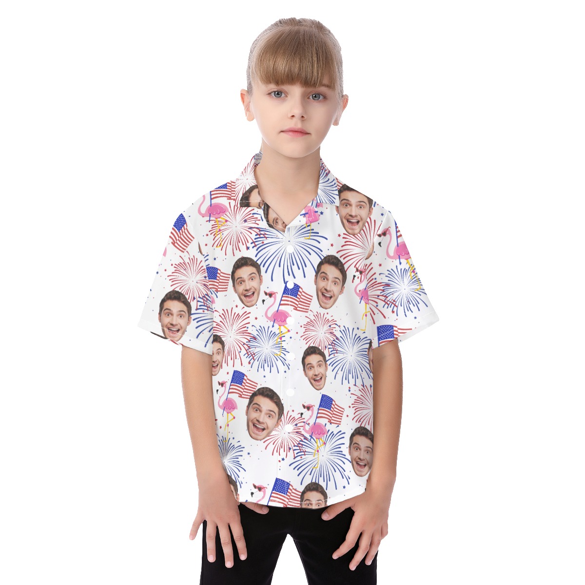 Cute Patriotic Flamingo Custom Face Hawaiian Shirt For Kids - variant image 1