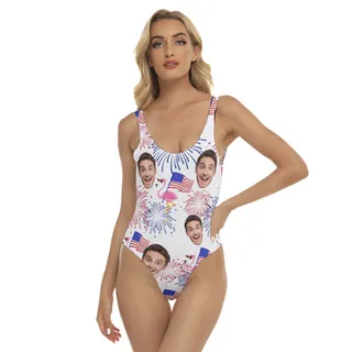 Funny Custom Face Flamingo Patriotic Summer Swimsuit For Women