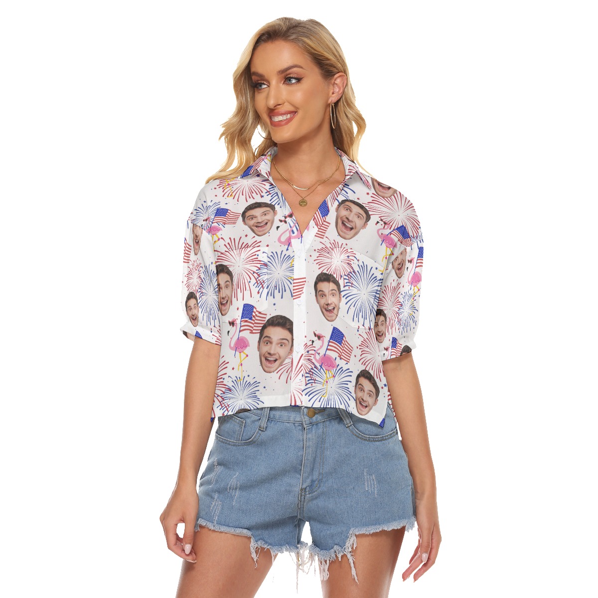 Funny Custom Face Patriotic Flamingo Hawaiian Cropped Shirt - variant image 1