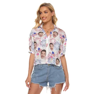 Funny Custom Face Patriotic Flamingo Hawaiian Cropped Shirt