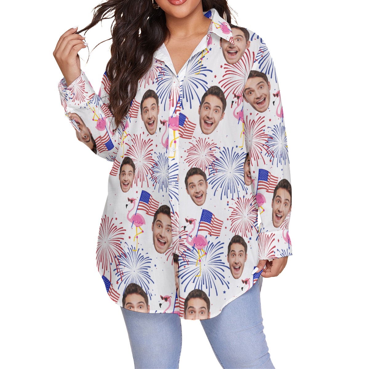 Custom Face Flamingo Patriotic Hawaiian Plus Size Shirt - variant image 1