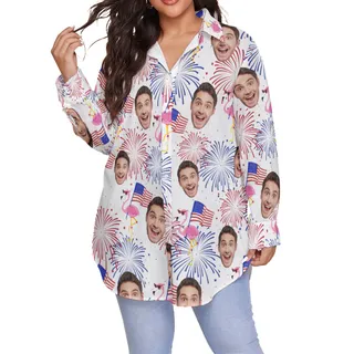 Custom Face Flamingo Patriotic Hawaiian Plus Size Shirt