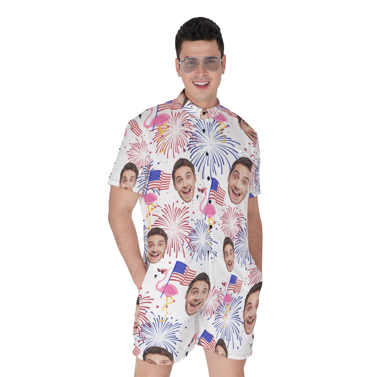 Patriotic Flamingo Custom Face Men's Hawaiian Romper - variant image 1