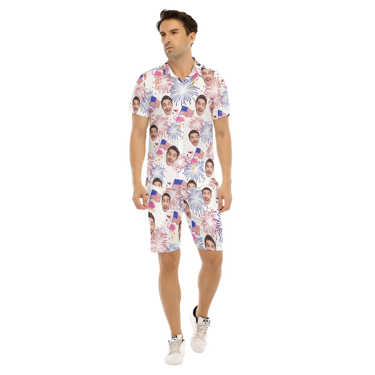 Set Custom Face Patriotic Flamingo Hawaiian Shirt And Shorts For Men - variant image 1