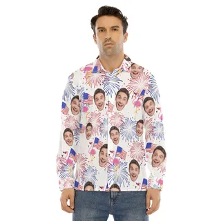 Custom Face Flamingo Patriotic Hawaiian Long Sleeve Shirt For Men