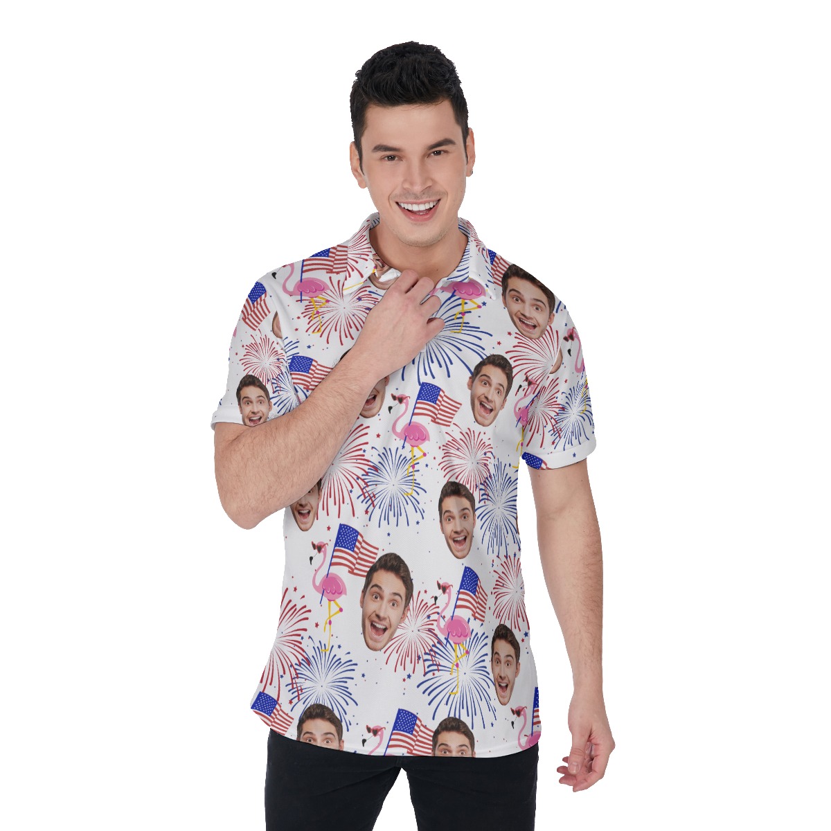 Funny Flamingo Patriotic Custom Face Hawaiian Polo Shirt - variant image 1