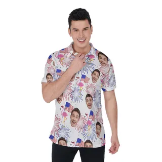 Funny Flamingo Patriotic Custom Face Hawaiian Polo Shirt