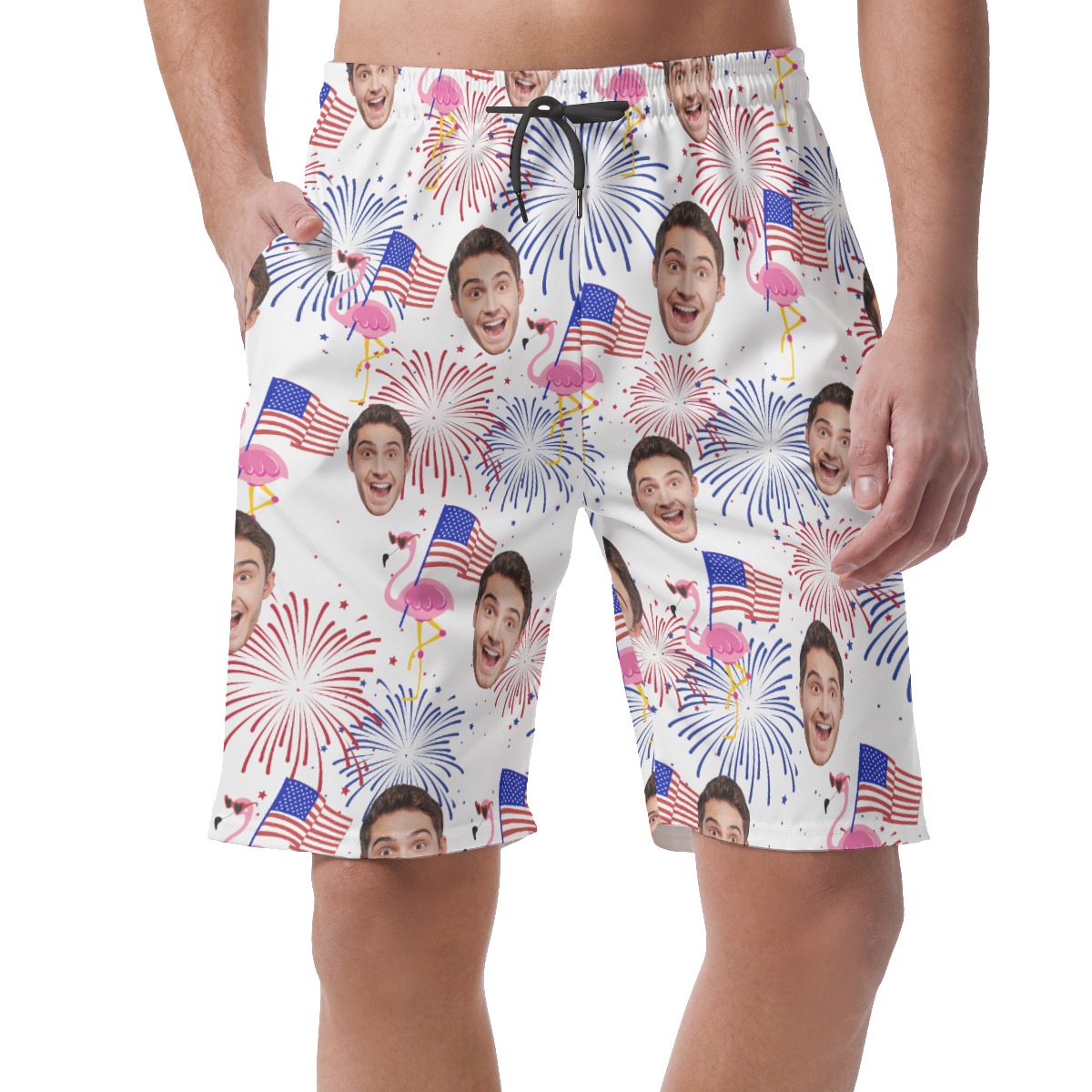 Custom Face Patriotic Flamingo Summer Beach Shorts For Men - variant image 1