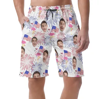 Custom Face Patriotic Flamingo Summer Beach Shorts For Men
