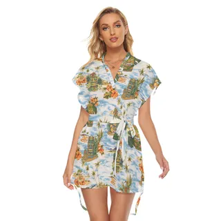 Tropical Tiki Blue Hawaiian Dress With Tie For Summer
