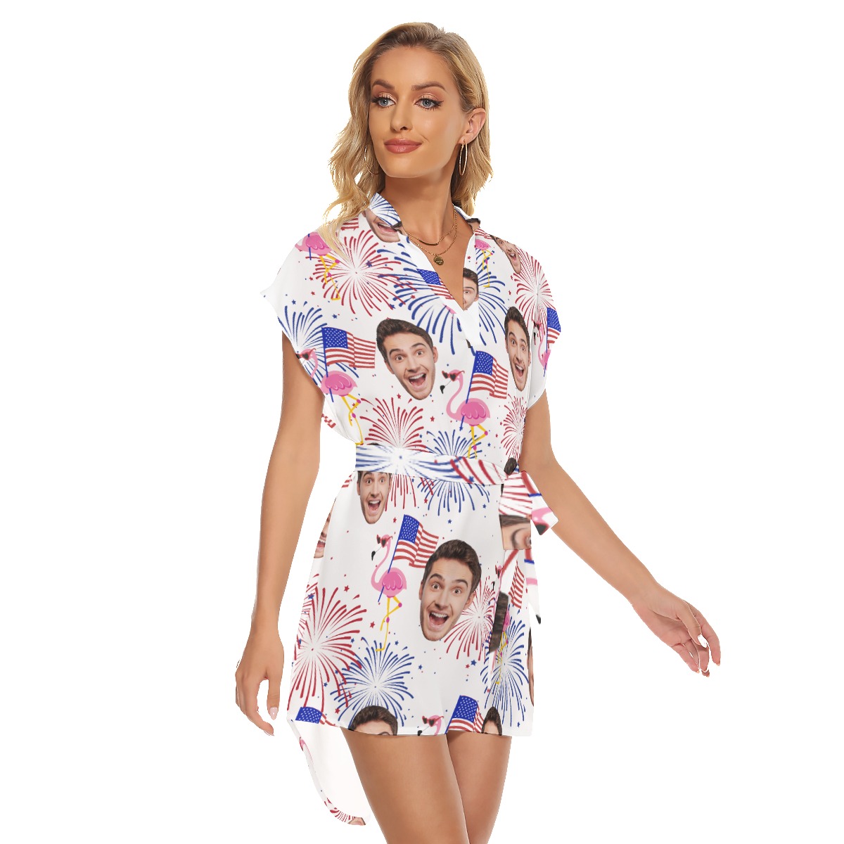 Patriotic Flamingo Custom Face Hawaiian Dress With Belt
