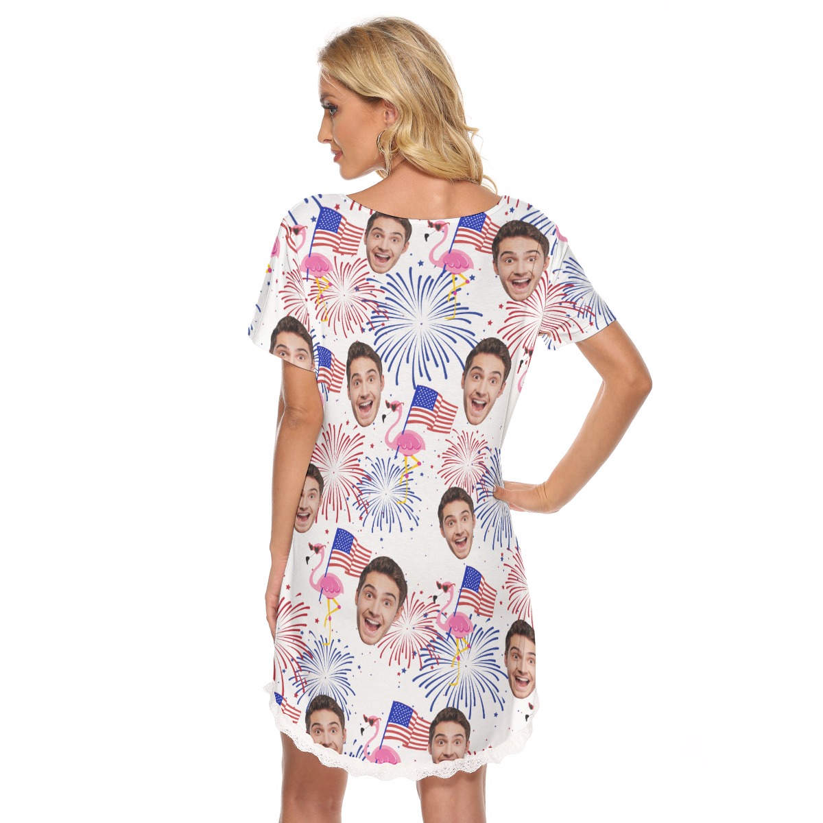 Custom Face Patriotic Flamingo Hawaiian Lace Dress For Women