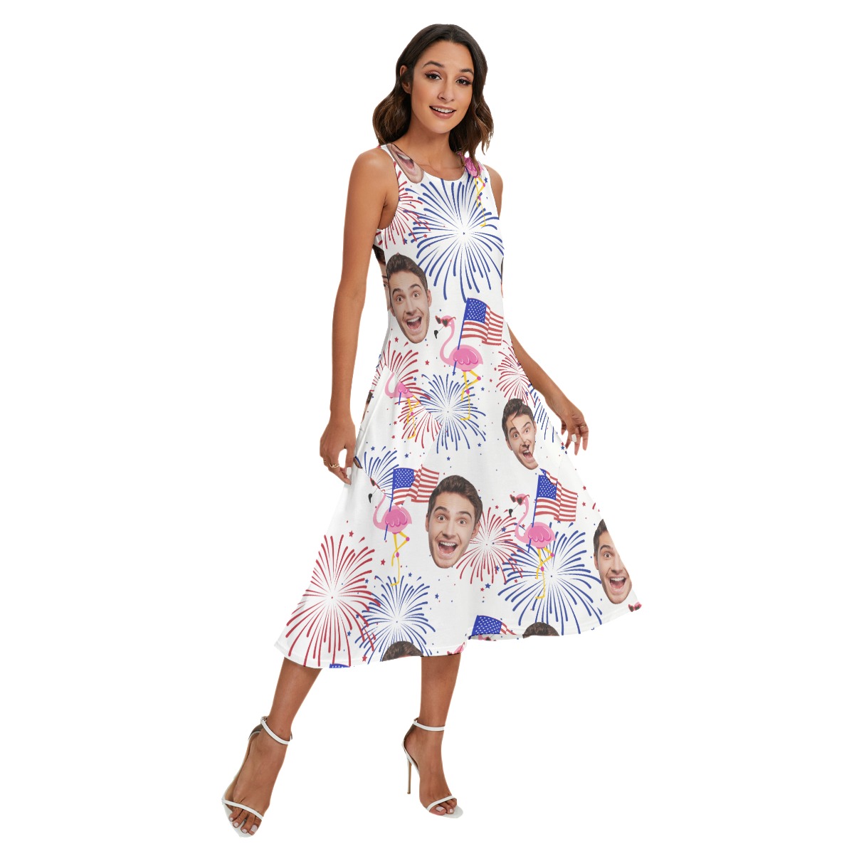 Patriotic Flamingo Custom Face Aloha Long Dress For Women