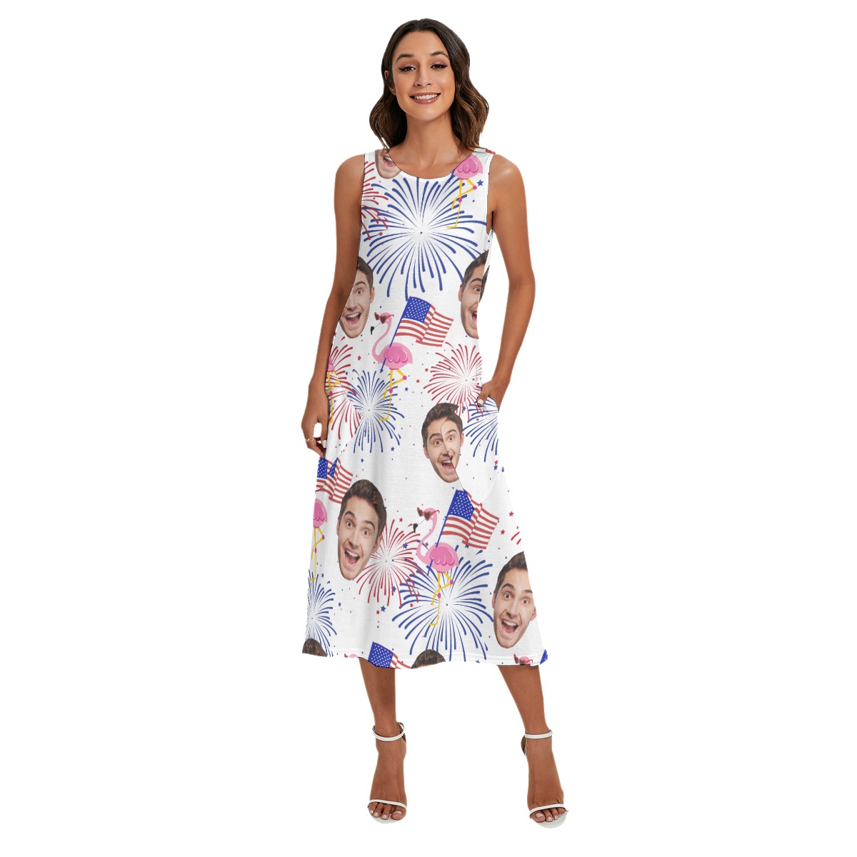 Patriotic Flamingo Custom Face Aloha Long Dress For Women