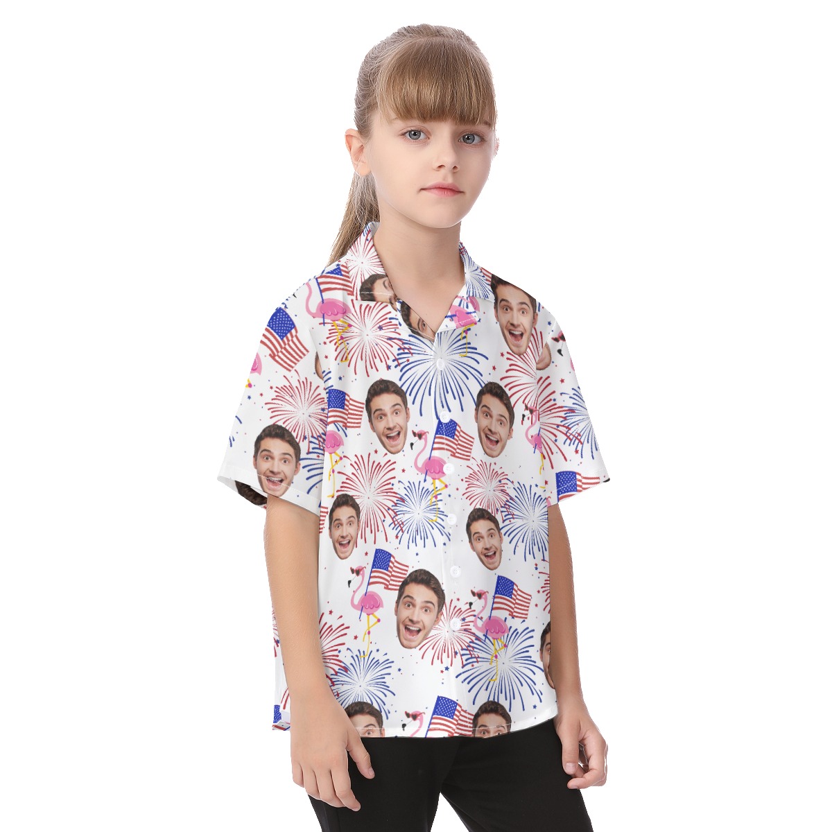 Cute Patriotic Flamingo Custom Face Hawaiian Shirt For Kids