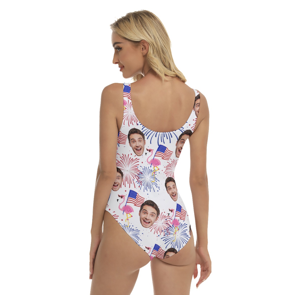 Funny Custom Face Flamingo Patriotic Summer Swimsuit For Women