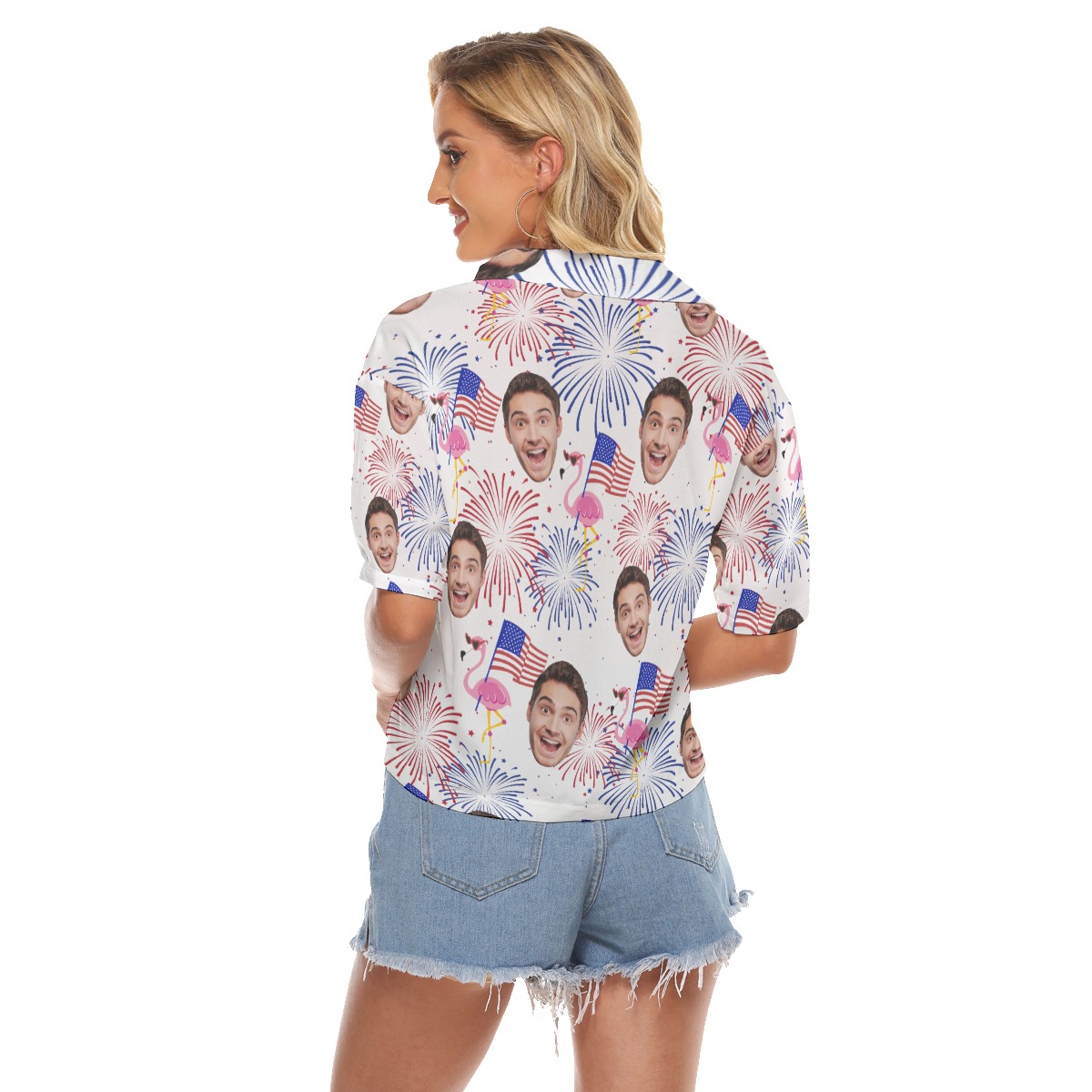 Funny Custom Face Patriotic Flamingo Hawaiian Cropped Shirt