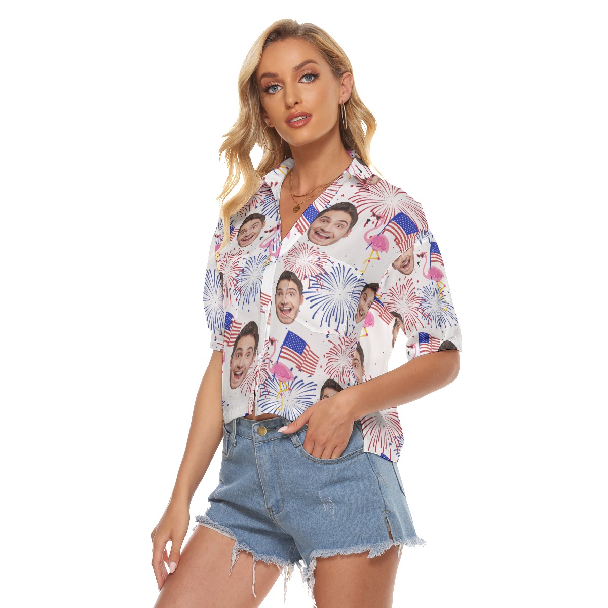 Funny Custom Face Patriotic Flamingo Hawaiian Cropped Shirt