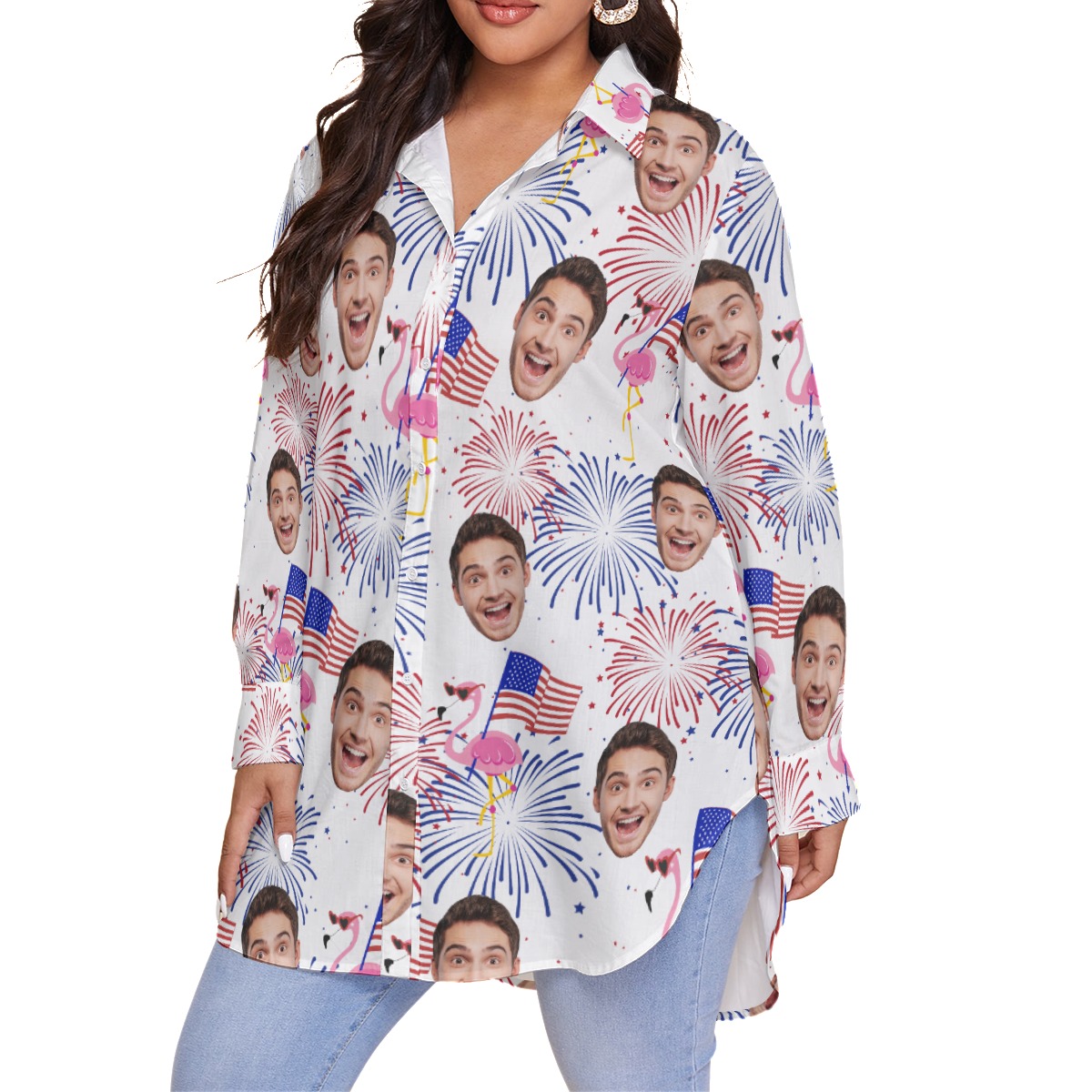 Custom Face Flamingo Patriotic Hawaiian Plus Size Shirt