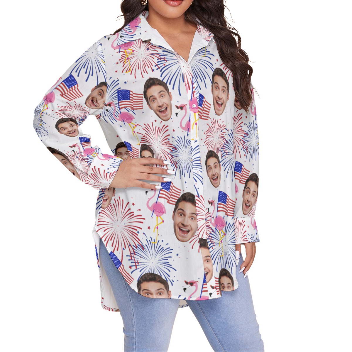 Custom Face Flamingo Patriotic Hawaiian Plus Size Shirt