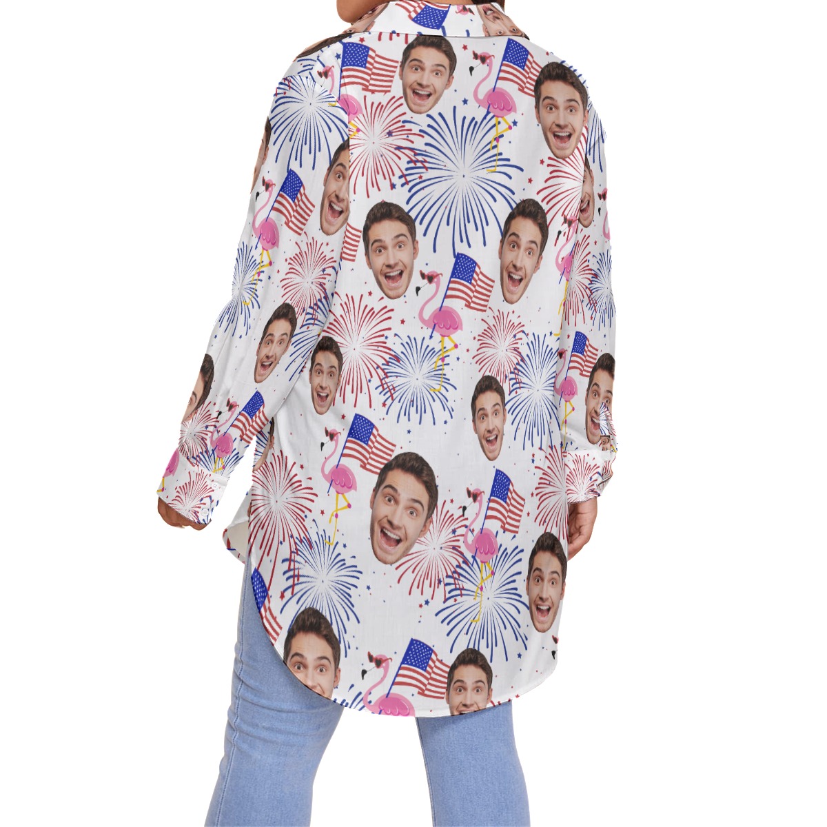 Custom Face Flamingo Patriotic Hawaiian Plus Size Shirt
