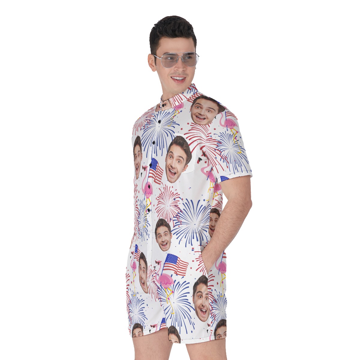 Patriotic Flamingo Custom Face Men's Hawaiian Romper