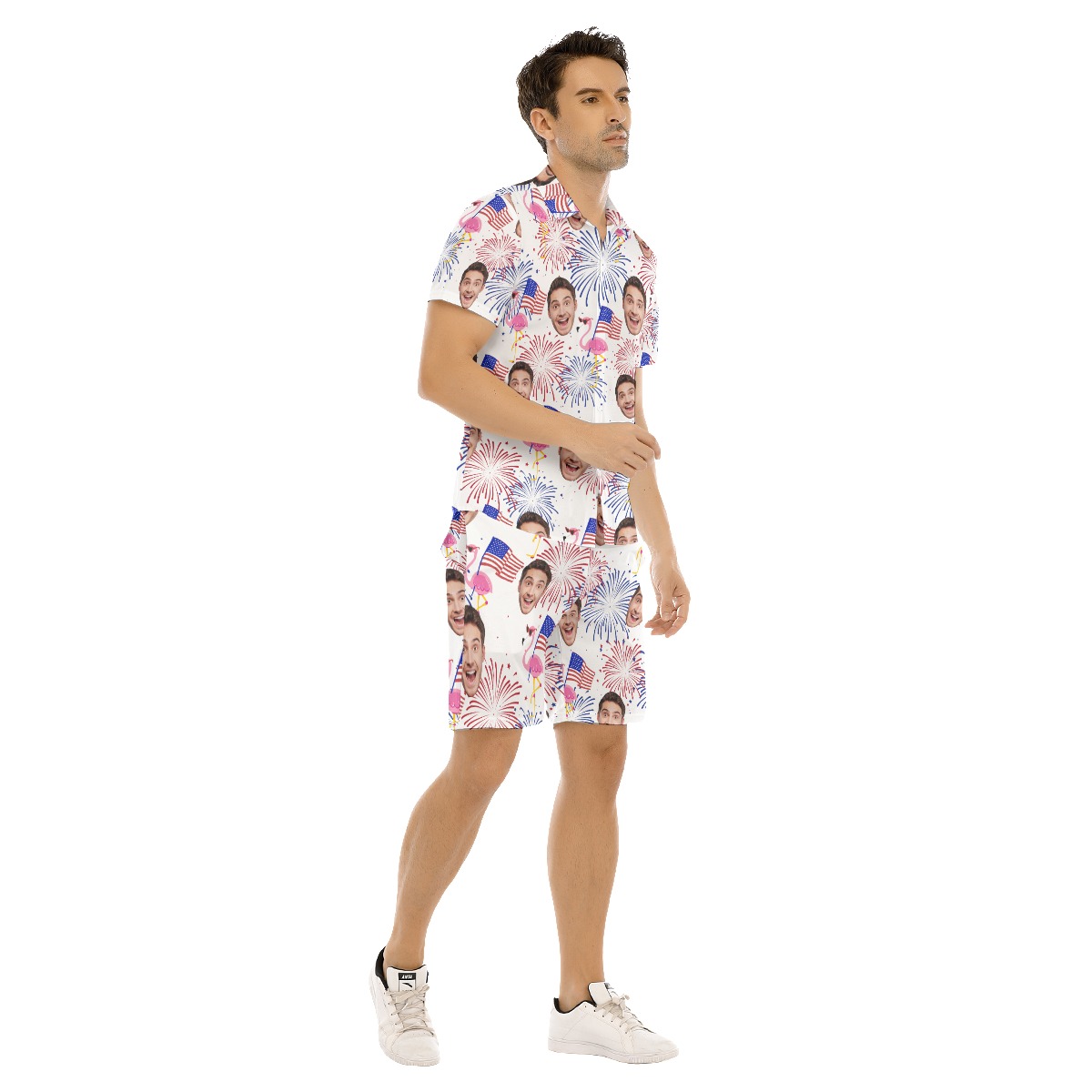 Set Custom Face Patriotic Flamingo Hawaiian Shirt And Shorts For Men