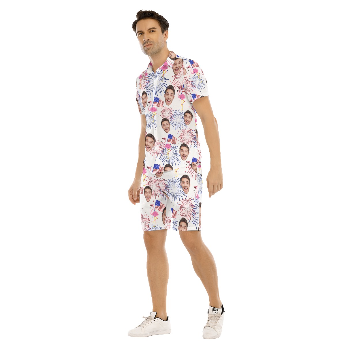 Set Custom Face Patriotic Flamingo Hawaiian Shirt And Shorts For Men