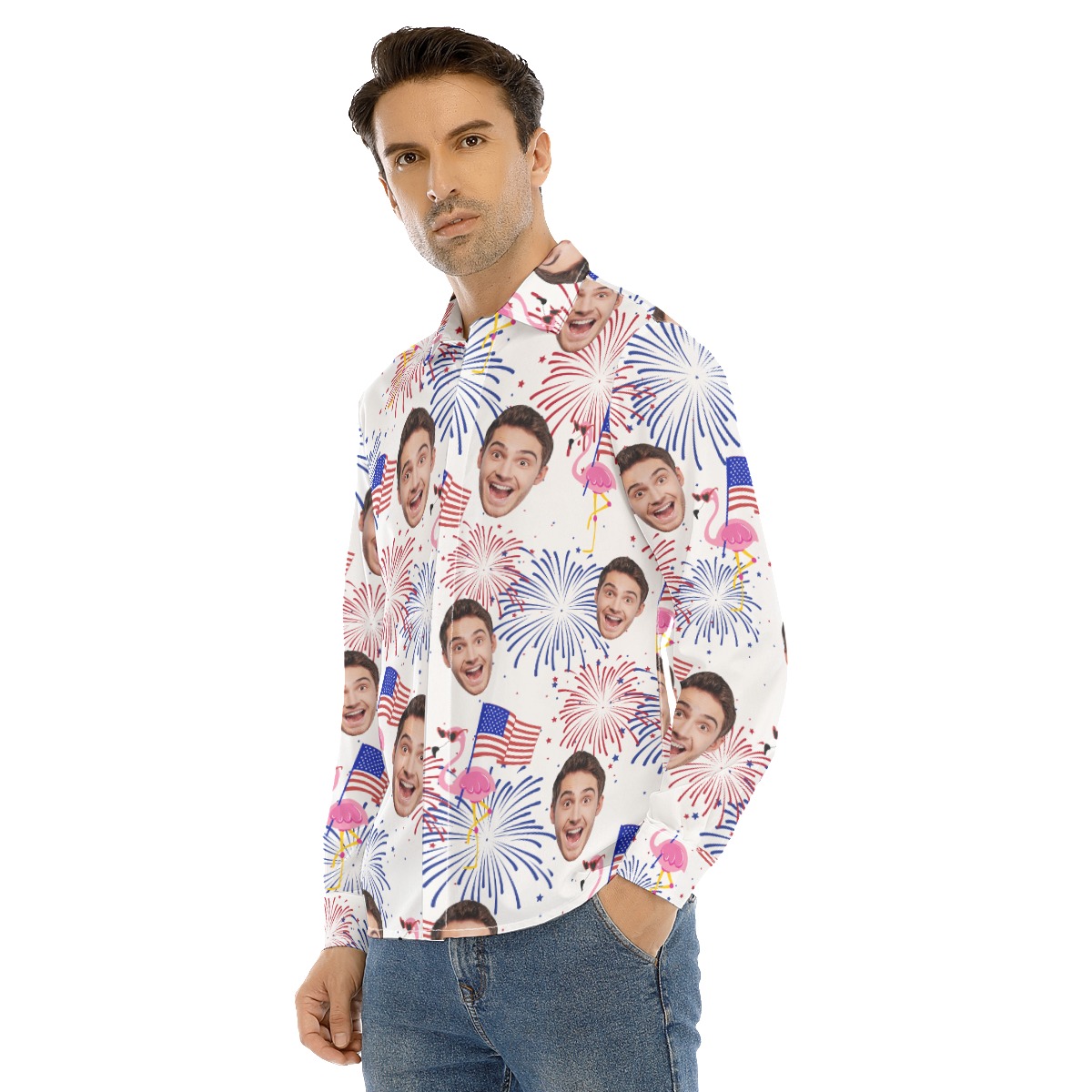 Custom Face Flamingo Patriotic Hawaiian Long Sleeve Shirt For Men