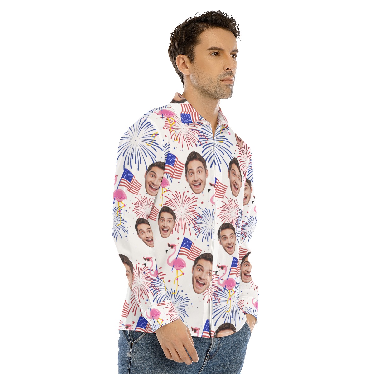 Custom Face Flamingo Patriotic Hawaiian Long Sleeve Shirt For Men