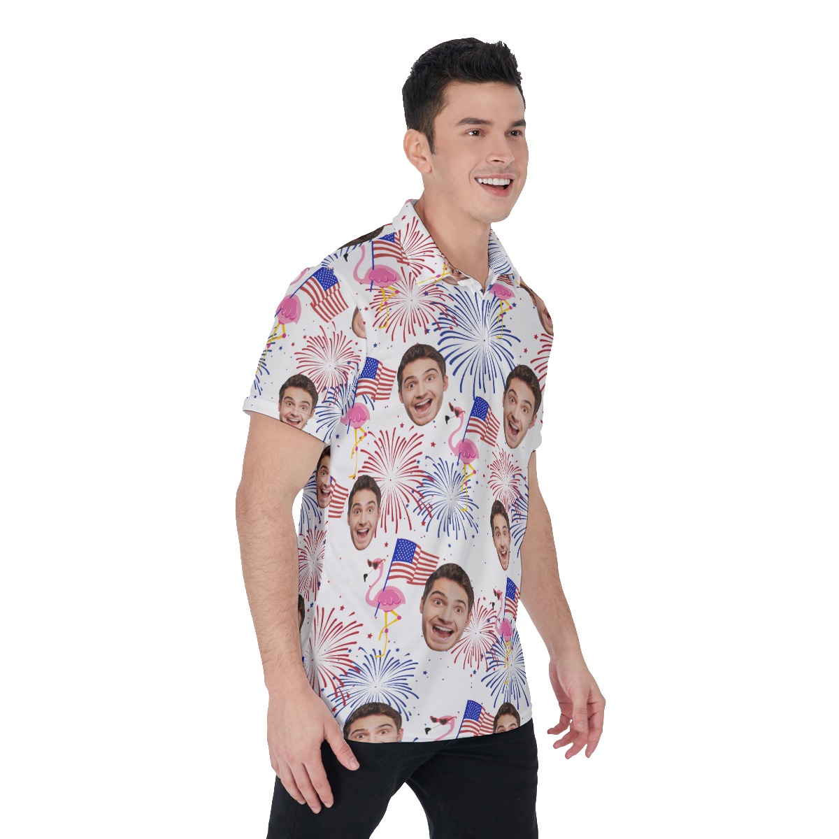 Funny Flamingo Patriotic Custom Face Hawaiian Polo Shirt