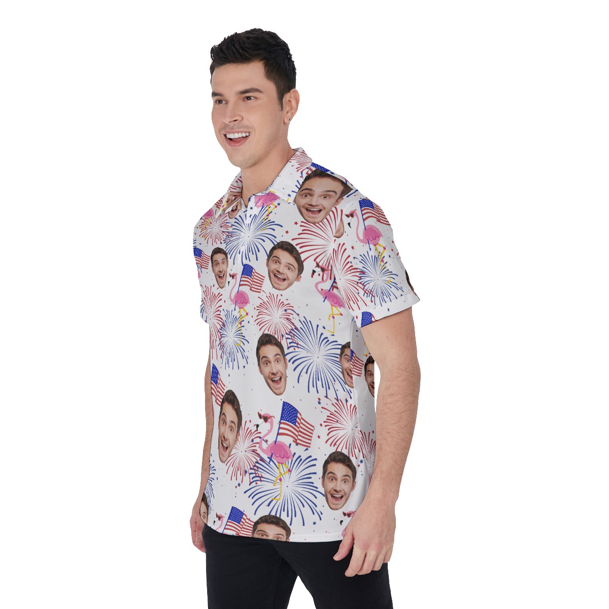 Funny Flamingo Patriotic Custom Face Hawaiian Polo Shirt