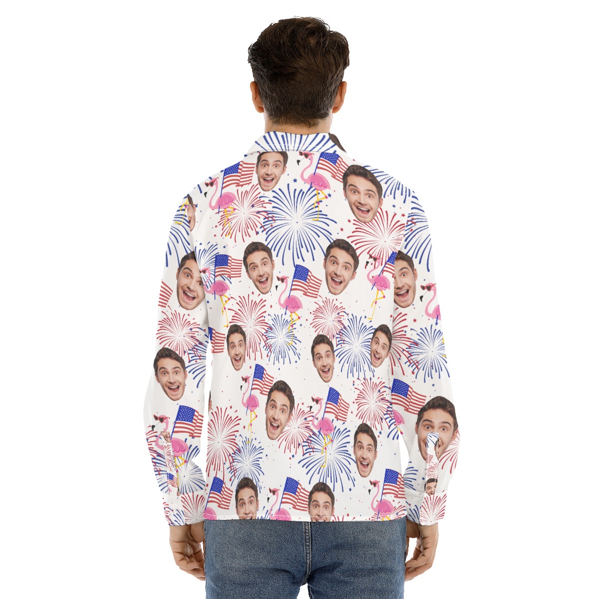 Custom Face Flamingo Patriotic Hawaiian Long Sleeve Shirt For Men