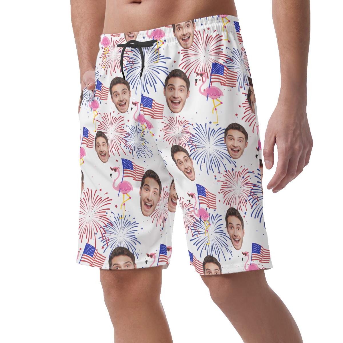 Custom Face Patriotic Flamingo Summer Beach Shorts For Men